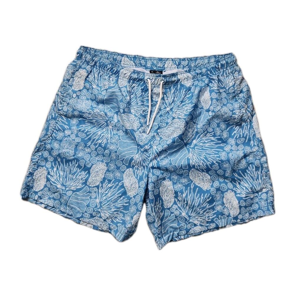 Crane Men’s Swim Trunks XL Blue White Coral Reef Print Mesh Lined Drawstring EUC
